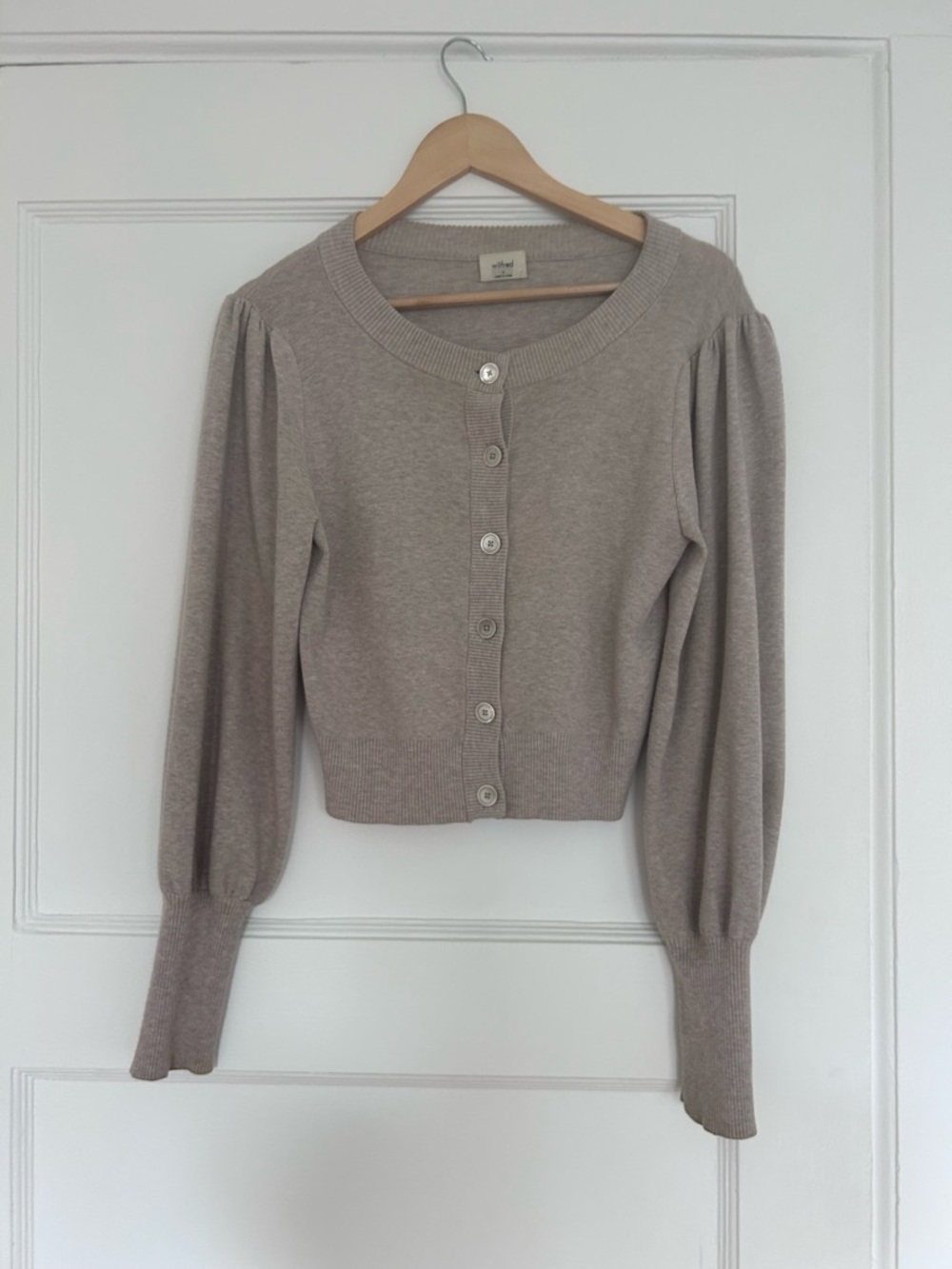 Wilfred Taupe Puff-Sleeve Cropped Cardigan